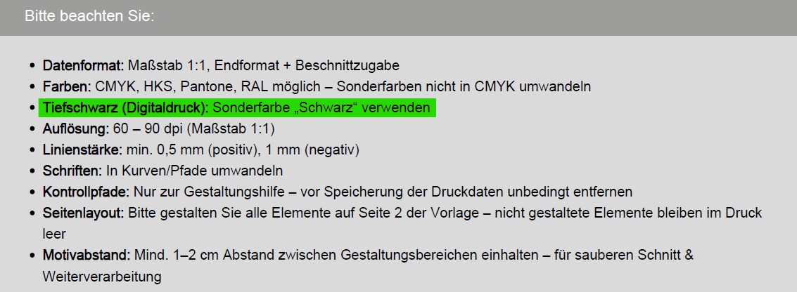 Hinweis zu Schwarz als Sonderfarbe in Layoutvorlage