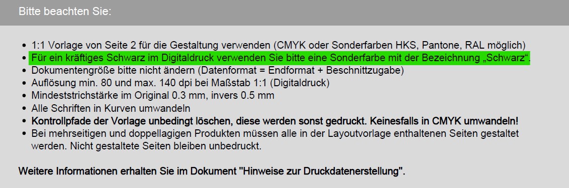 Hinweis in Layoutvorlage zur Sonderfarbe Schwarz 