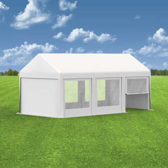 Partyzelt 3x6: Zeltseiten Wände mit Fenstern & Tür, Giebelseiten mit Vollwand