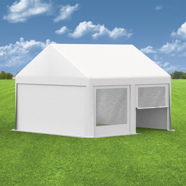 Partyzelt 4x4: Zeltseiten Wände mit Fenstern & Tür, Giebelseiten mit Vollwand