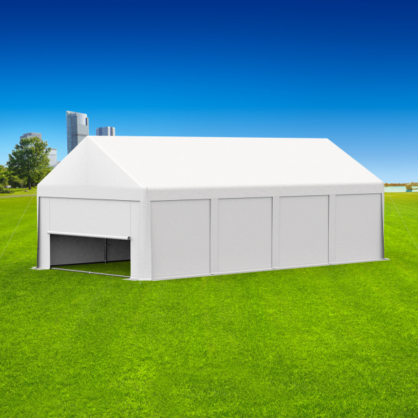 Partyzelt 4x8: Zeltseiten mit Vollwänden, Giebelseite vorn mit Tür