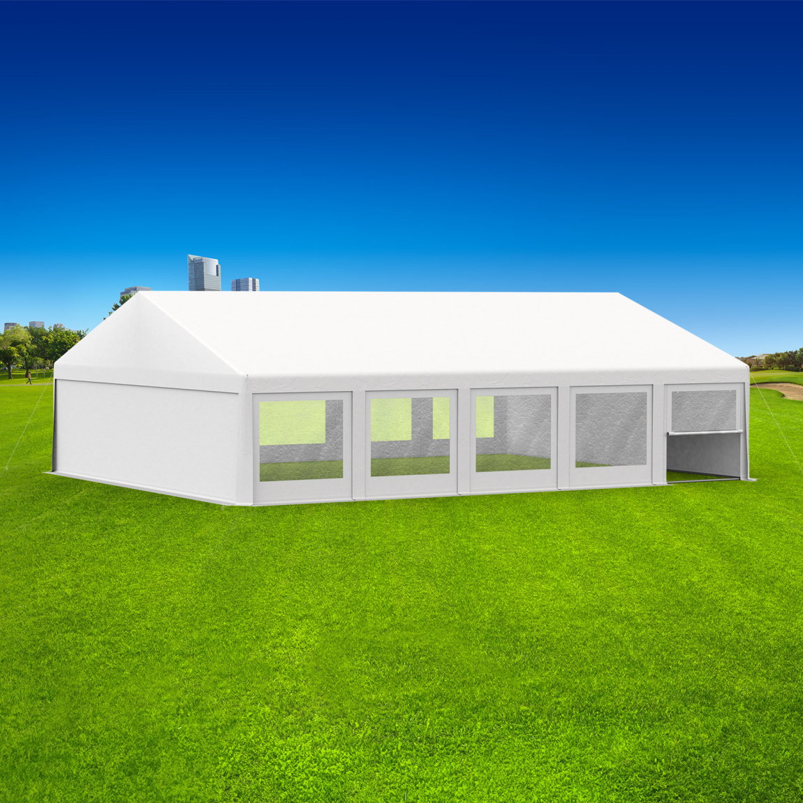 Partyzelt 8x10: Zeltseiten Wände mit Fenstern & Tür, Giebelseiten mit Vollwand