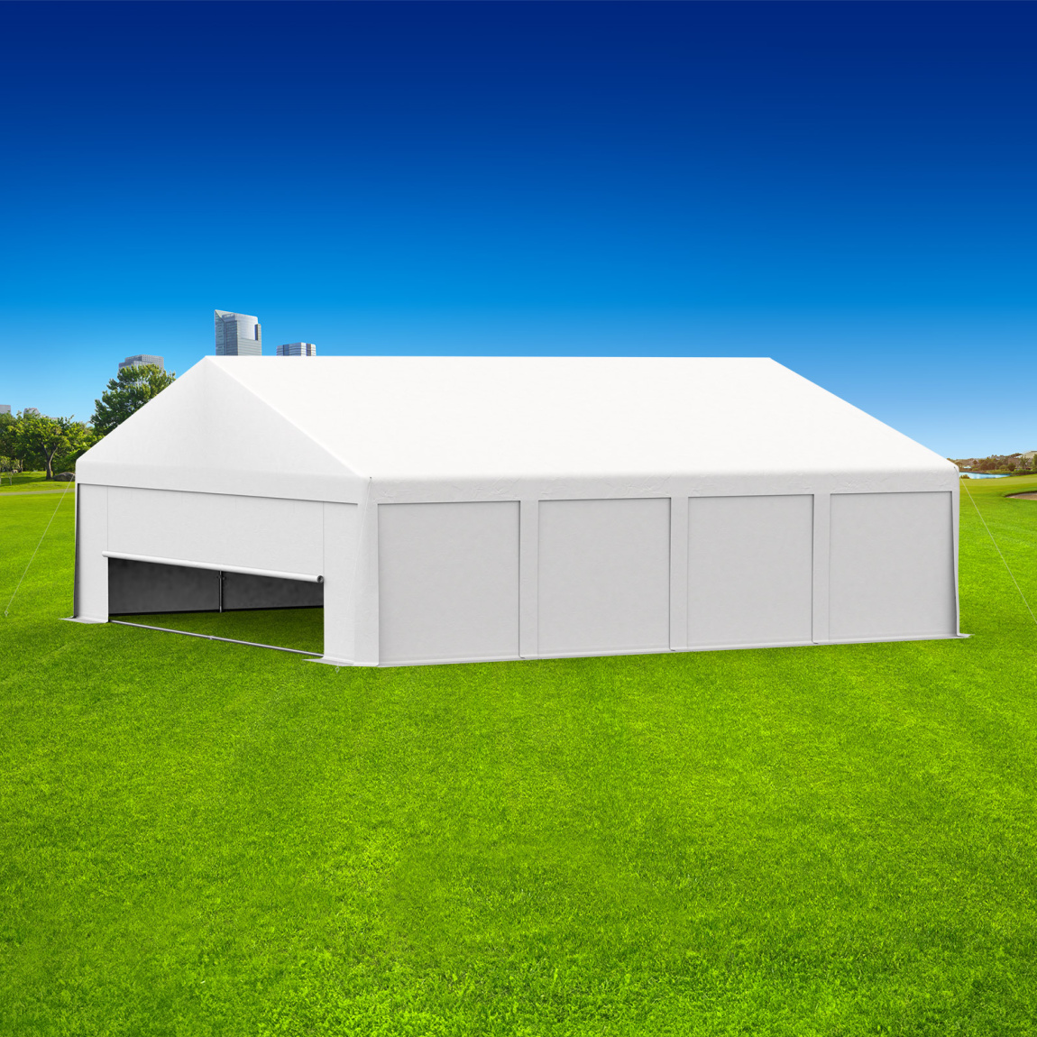 Partyzelt 8x8: Zeltseiten mit Vollwänden, Giebelseite vorn mit Tür