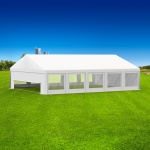 Partyzelt 8x10: Zeltwände mit Fenstern, Giebelseiten Vollwand & Wand mit Tür