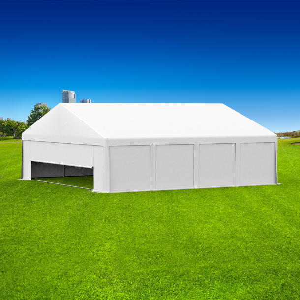 Partyzelt 8x8: Zeltseiten mit Vollwänden, Giebelseite vorn mit Tür