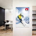Werbung für die neueste Skimode auf einem Textilposter