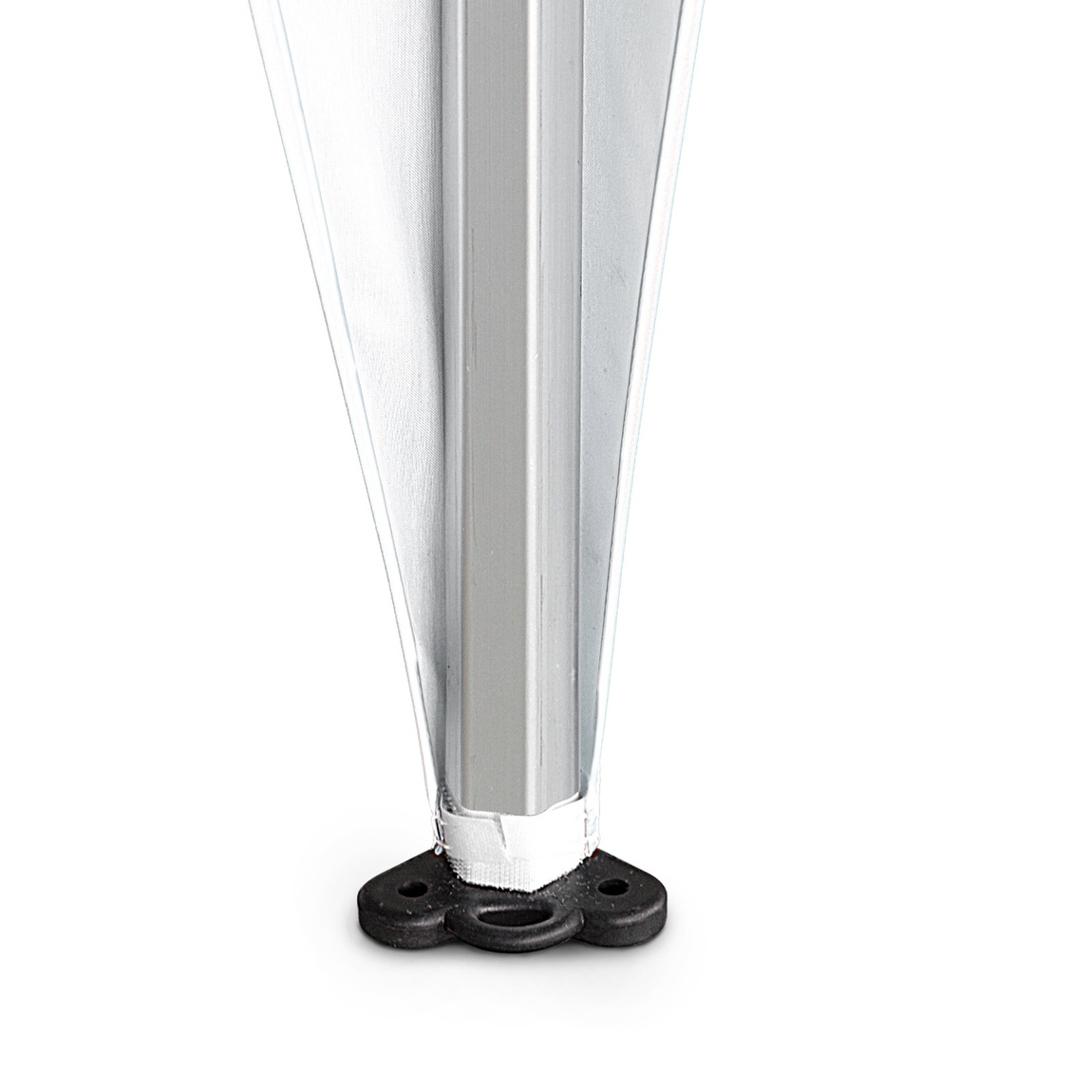 untere Befestigung der Eckbanner mit Klettband am Zeltpfosten