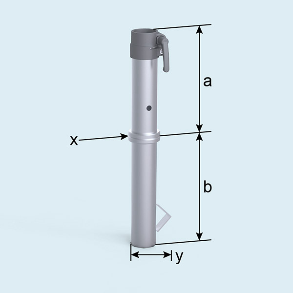 Maße Bodenhülse: a = 26 cm, b = 29 cm, x = ø 8 cm, y = 15 cm