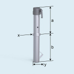Maße Bodenhülse: a = 26 cm, b = 29 cm, x = ø 8 cm, y = 15 cm