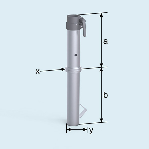 Maße Bodenhülse: a = 26 cm, b = 29 cm, x = ø 8 cm, y = 15 cm