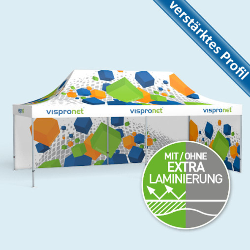 Faltzelt Premium 4 x 8 m mit 2 geschlossenen Wänden, mit Druck