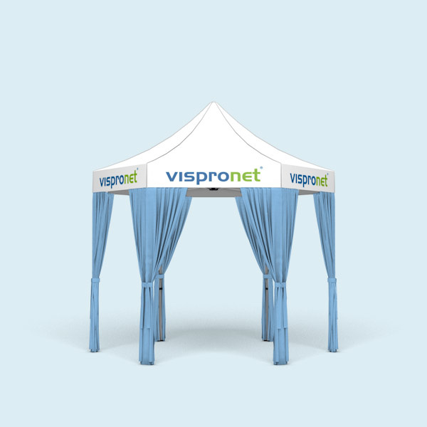 Faltpavillon Select  Hexagon 3 m, komplettiert mit 6 himmelblauen Dekoschals