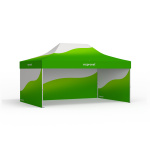 Faltzelt Select mit individuell bedrucktem Zeltdach und 3 Vollwänden