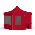 Faltzelt 3x3 m mit 1 Vollwand, 2 Wänden mit Panoramafenstern und 1 Wand mit Tür und Fenster, rot