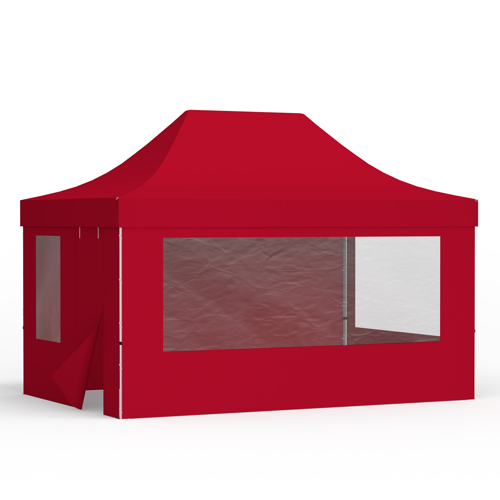 Faltzelt 3x4,5 m mit 1 Vollwand, 2 Wänden mit Panoramafenstern und 1 Wand mit Tür und Fenster, rot