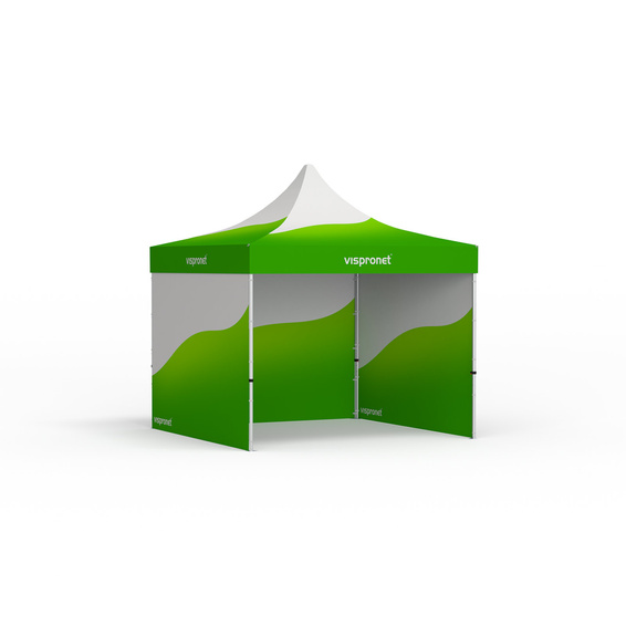 Faltzelt Select mit individuell bedrucktem Zeltdach und 3 Vollwänden