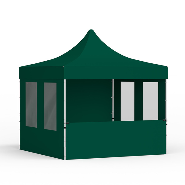 Faltzelt 3x3 m mit 1 Vollwand, 1 halbhohen Wand und 2 Wänden mit Fenstern, grün