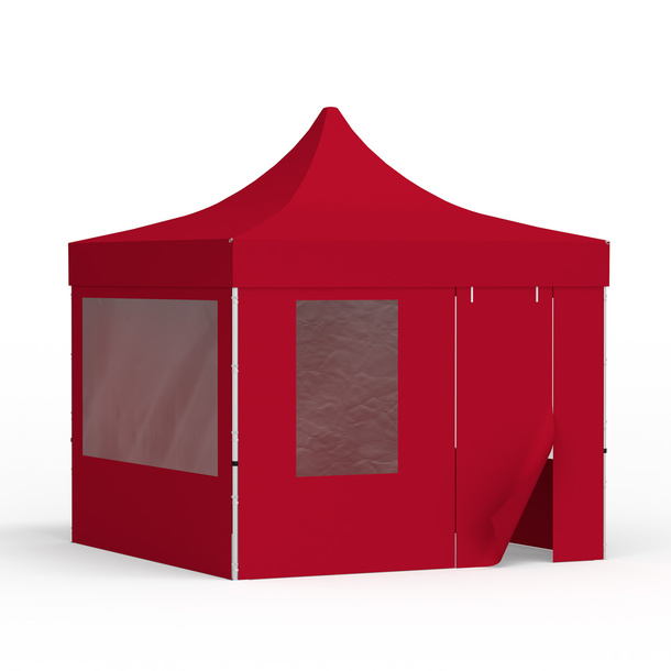 Faltzelt 3x3 m mit 1 Vollwand, 2 Wänden mit Panoramafenstern und 1 Wand mit Tür und Fenster, rot