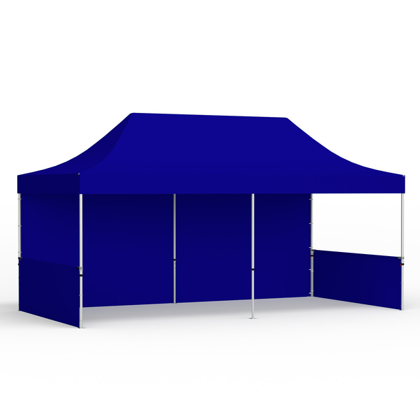 Faltzelt 3x6 m mit mit 1 Vollwand und 2 halbhohen Wänden, blau