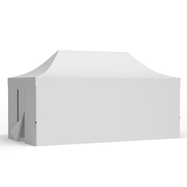 Faltzelt 3x6 m mit mit 3 Vollwänden und 1 Wand mit Tür, weiß