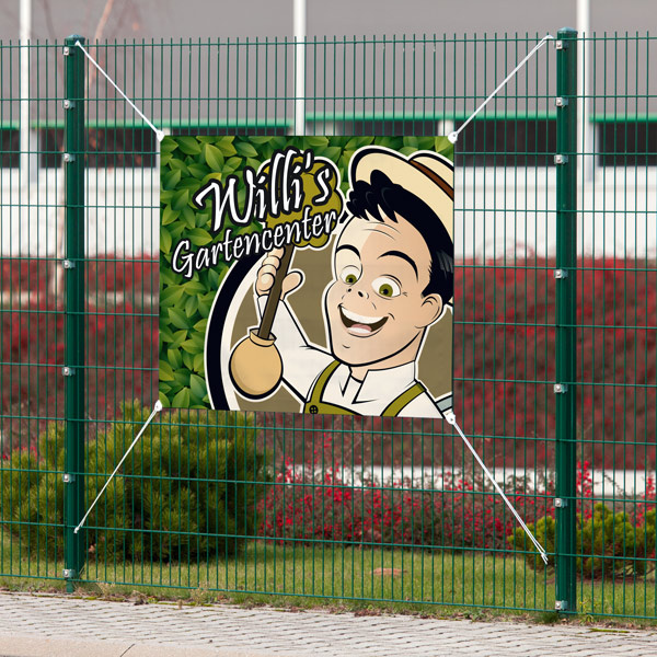 Werbeplane, Ecken mit Klemm-Ösen, Befestigung mit Kordelschnu