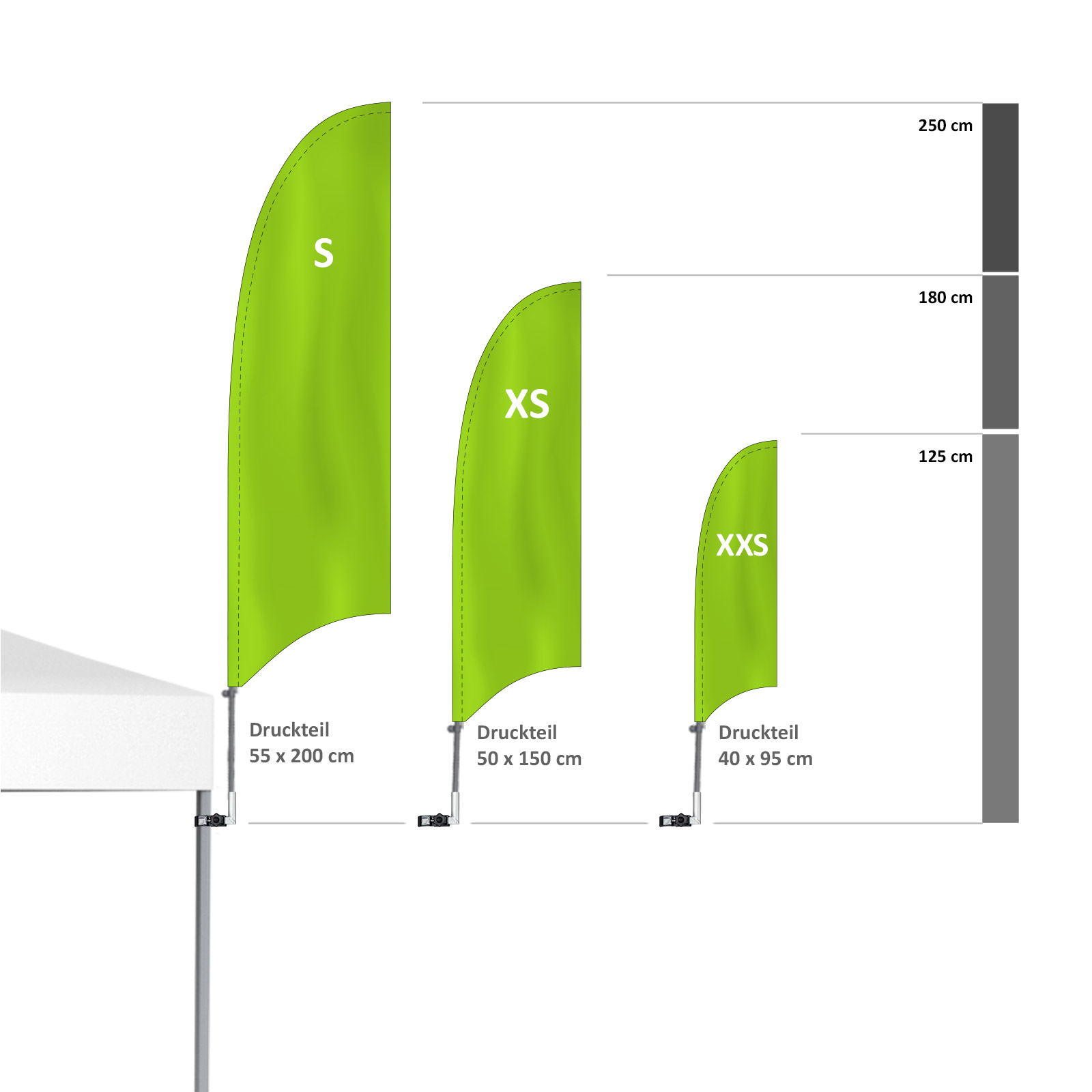 Größenvergleich Bowflag® Basic mit senkrechtem Bowflag®-Halter