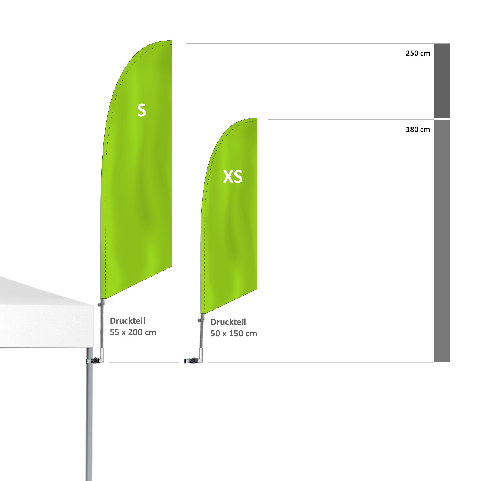 Größenvergleich Bowflag® Basic mit senkrechtem Bowflag®-Halter