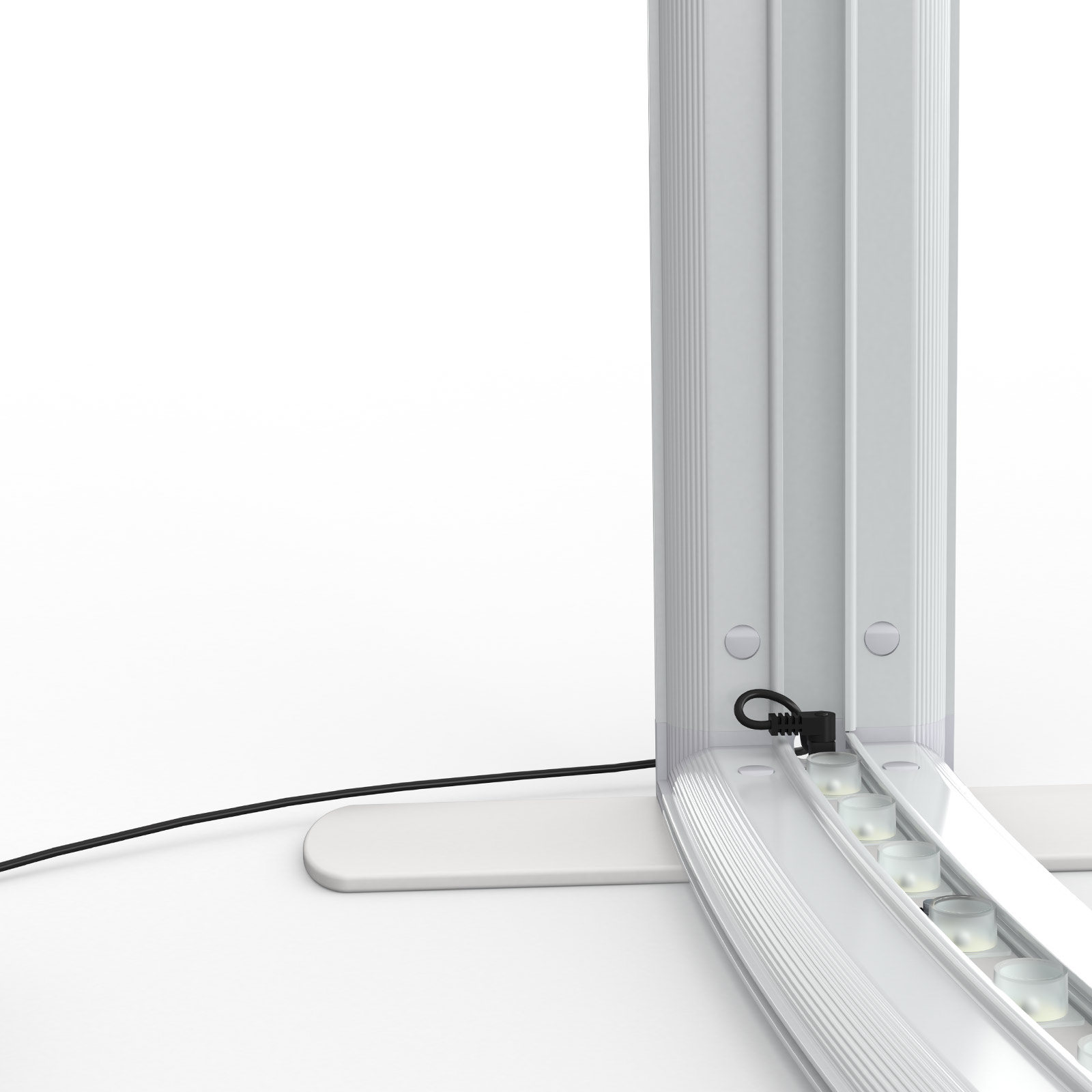 Messewand Lightbox flex curved, Detail: untere Ecke mit angeschlossenem Netzkabel