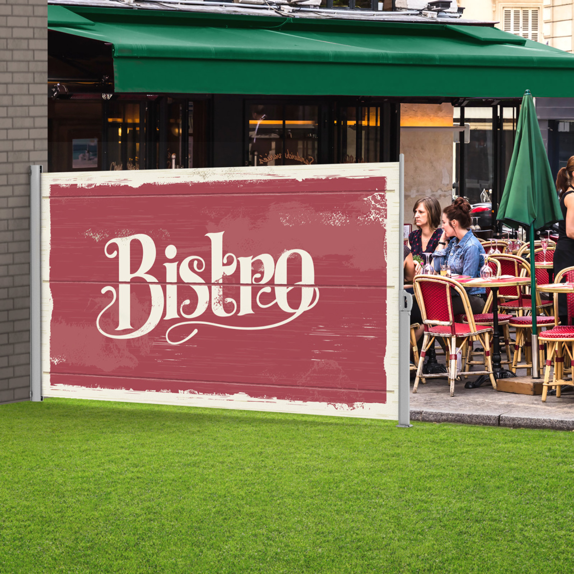 Seitenmarkise, Wandmontage links mit Motiv auf der Rückseite