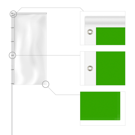 Fahne ringsum gesäumt, Oberkante mit Hohlsaum aus weißem Besatzband, Mastseite mit weißem Besatzband und Ösen