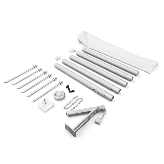 5-teiliger Mast mit Bodenplatte, Befestigungszubehör und Transporttasche