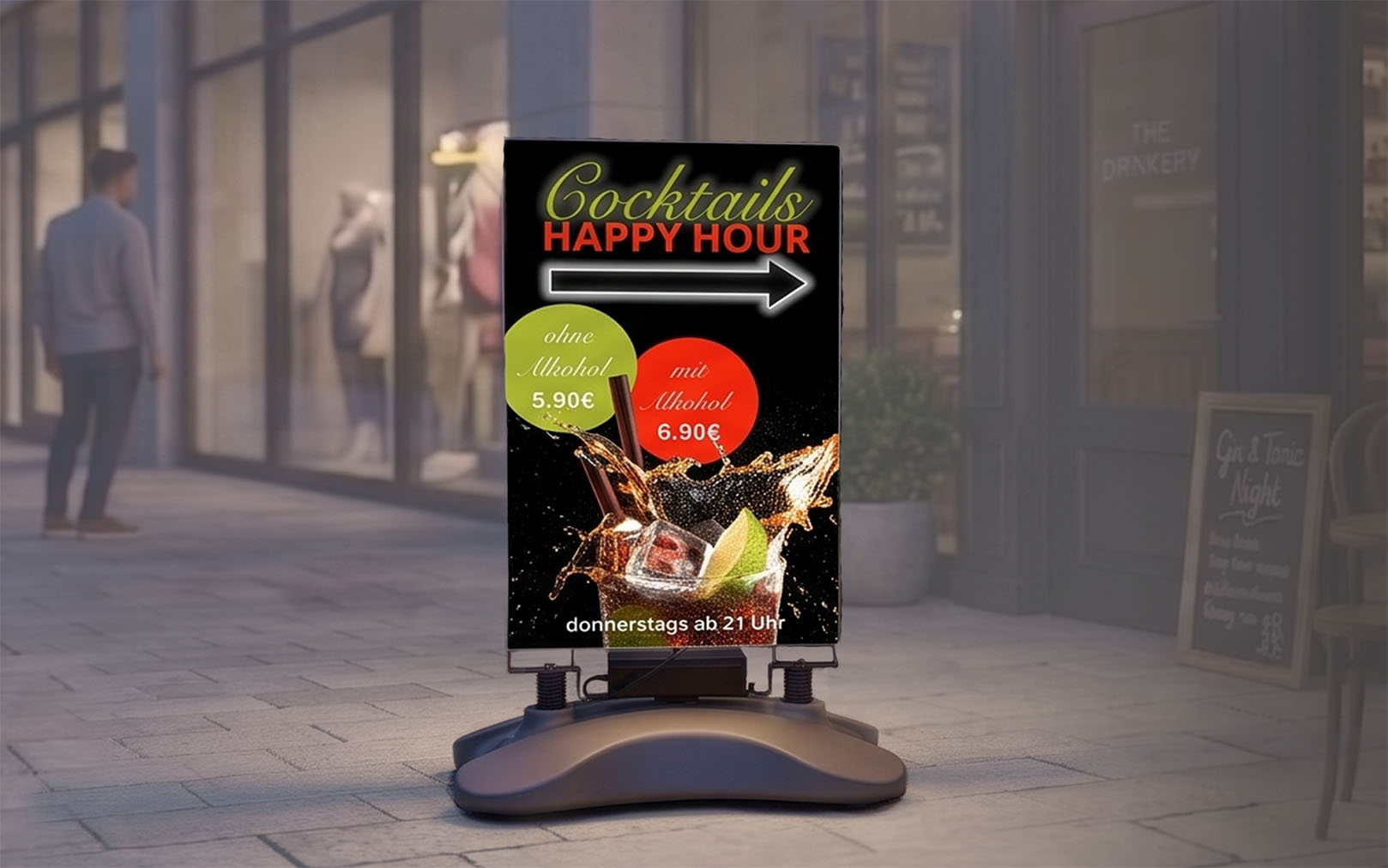 LED Kundenstopper mit Akku, Cocktail Happy Hour
