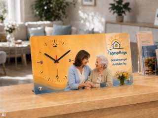 Tischuhr mit Firmenlogo auf einem Empfangstresen