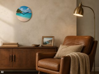 Runde Wanduhr mit persönlichem Foto in einem Wohnraum